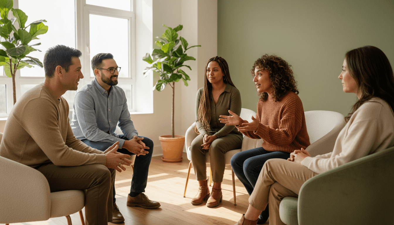 Diverse group counseling session in a warm, welcoming room